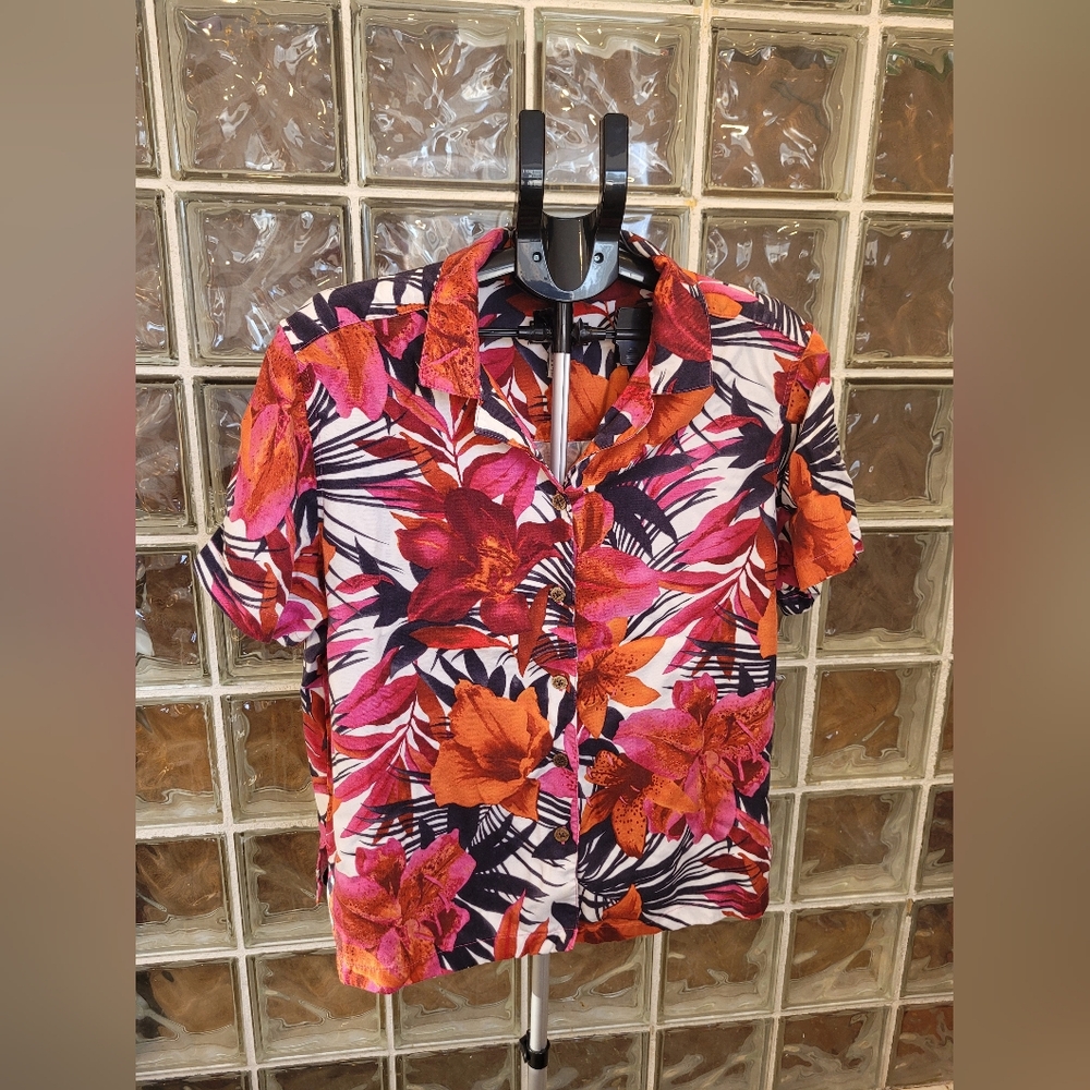 Caribbean Joe Womens 2X Hawaiian Floral Button Shirt Tropical Rayon Blouse
